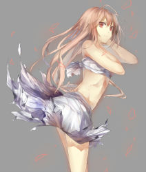 Rule 34 | 10s, 1girl, brown hair, grey background, kusaribe hakaze, long hair, looking at viewer, midriff, no panties, red eyes, sarong, simple background, solo, strapless, underboob, xinta, zetsuen no tempest