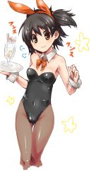 Rule 34 | 1girl, akagi miria, animal ears, black hair, black leotard, black pantyhose, bow, bowtie, breasts, brown eyes, commentary request, covered navel, cowboy shot, cropped legs, detached collar, fake animal ears, highres, idolmaster, idolmaster cinderella girls, leotard, looking at viewer, orange bow, orange bowtie, pantyhose, paopao, parfait, playboy bunny, rabbit ears, short hair, simple background, small breasts, solo, strapless, strapless leotard, thigh gap, two side up, white background, wrist cuffs