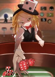 Rule 34 | 2others, absurdres, blonde hair, blurry, blurry background, bow, bowtie, casino, closed mouth, commentary, dice, hat, highres, im mo, indoors, len&#039;en, looking at viewer, multiple others, red bow, red bowtie, short hair, short sleeves, smile, solo focus, stool, wrist cuffs, xeno a, yellow eyes