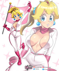 Rule 34 | 1girl, absurdres, blonde hair, blue eyes, bodysuit, boots, breasts, cleavage, cowboy shot, crown, earrings, flag, full body, gloves, highres, holding, holding flag, jewelry, large breasts, long sleeves, looking at viewer, mario (series), mario kart, mario kart wii, multiple views, nintendo, open clothes, pink footwear, pink gloves, ponytail, princess peach, race queen, sasa tseng, scarf, sitting, solo, standing, standing on one leg, star (symbol), white background, white bodysuit