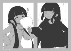 Rule 34 | 2girls, absurdres, blunt bangs, closed eyes, closed mouth, commentary request, cotton candy, cowboy shot, dual persona, greyscale, heart, highres, hiyoko setto, hood, hood down, hoodie, inabakumori, long hair, looking at viewer, medium bangs, monochrome, multiple girls, osage (nukunuku nigirimeshi), rain, sidelocks, sleeves past wrists, tearing up, vocaloid, watashi wa ame (vocaloid)