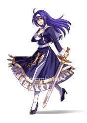 Rule 34 | 1girl, blue hair, crossover, dress, fire emblem, fire emblem: path of radiance, fire emblem: radiant dawn, full body, green eyes, grin, gzei, headband, high heels, highres, holding, holding sword, holding weapon, long hair, looking at viewer, mia (fire emblem), nintendo, nun, orie ballardiae harada, simple background, smile, solo, sword, thighhighs, under night in-birth, under night in-birth exe:late[st], weapon