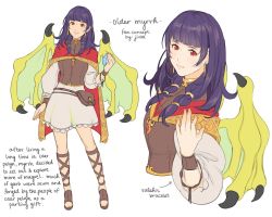 Rule 34 | 1girl, cape, dragon girl, dragon wings, dress, english text, fire emblem, fire emblem: the sacred stones, fire emblem heroes, full body, highres, jivke, long hair, looking at viewer, multi-tied hair, multiple views, myrrh (fire emblem), nintendo, aged up, purple hair, red eyes, sandals, simple background, smile, twintails, white background, wings