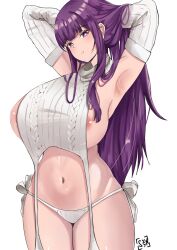 Rule 34 | 1girl, :t, areola slip, armpits, arms up, artist logo, breasts, closed mouth, detached sleeves, fern (sousou no frieren), garter straps, highres, huge breasts, long hair, looking at viewer, meme attire, navel, panties, pout, purple eyes, purple hair, side-tie panties, simple background, solo, sousou no frieren, stomach, syyn (syyndev), underwear, very long hair, virgin destroyer sweater, white background, white garter straps, white panties