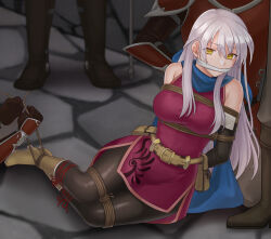 Rule 34 | 1girl, 3boys, absurdres, arms behind back, bare shoulders, bdsm, belt, black gloves, black pantyhose, blue scarf, bondage, boots, bound, bound ankles, bound legs, breasts, brown footwear, cleave gag, cloth gag, commentary request, dress, elbow gloves, fire emblem, fire emblem: radiant dawn, gag, gagged, gloves, hazuki (nyorosuke), highres, improvised gag, large breasts, long hair, looking at viewer, micaiah (fire emblem), multiple boys, nintendo, pantyhose, pouch, purple dress, rope, scarf, sleeveless, sleeveless dress, solo focus, thighs, very long hair, white hair, yellow eyes