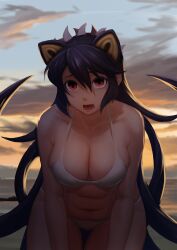 Rule 34 | 1girl, absurdres, beach, bikini, black gloves, breasts, cleavage, collarbone, facing viewer, fang, filia (skullgirls), gloves, highres, large breasts, long hair, looking at viewer, medium breasts, navel, open mouth, outdoors, plump, red eyes, skin fang, skullgirls, solo, sunset, swimsuit