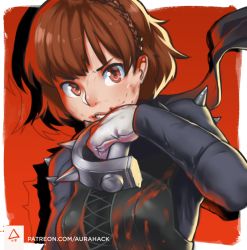Rule 34 | 10s, 1girl, aurahack, blood, blood on clothes, braid, breasts, brown hair, bruise, clenched teeth, crown braid, dirty, injury, medium breasts, niijima makoto, persona, persona 5, red eyes, signature, solo, spikes, teeth, upper body, watermark, weapon, web address