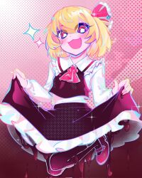 Rule 34 | 1girl, :d, ascot, blonde hair, blush, bow, darkness, fang, frilled skirt, frills, halftone, halftone background, highres, karyodares, open mouth, red ascot, red background, red bow, red eyes, rumia, short hair, skirt, skirt hold, smile, solo, touhou