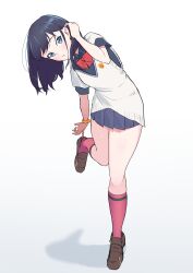 Rule 34 | 1girl, absurdres, ass, black hair, black shirt, black skirt, blue eyes, blush, bow, bowtie, breasts, cardigan, full body, gridman universe, gridman universe (film), highres, long hair, long sleeves, looking at viewer, open mouth, pleated skirt, red bow, red socks, school uniform, scrunchie, shirt, shoes, simple background, skirt, small breasts, socks, solo, standing, takarada rikka, tappy okamura, thighs, wrist scrunchie