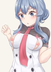 Rule 34 | 1girl, blue eyes, blue hair, blush, breasts, commentary request, cosplay, dress, gotland (kancolle), highres, kantai collection, long hair, medium breasts, mole, mole under eye, murakumo (kancolle), murakumo (kancolle) (cosplay), nipple cutout, nipples, short sleeves, sinape, solo, speech bubble, white dress