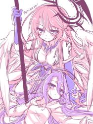 Rule 34 | 2girls, angel wings, arm support, bad id, bad twitter id, blush, breasts, spiked halo, crop top, feathered wings, gloves, hair between eyes, halo, holding, holding scythe, holding weapon, jibril (no game no life), large breasts, long hair, low wings, magic circle, mechanical parts, minazoi kuina, multiple girls, no game no life, pink hair, purple eyes, purple hair, scythe, shuvi (no game no life), sitting, sketch, tattoo, twitter username, very long hair, weapon, white wings, wing ears, wings