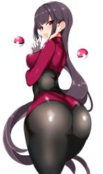 Rule 34 | 1girl, absurdres, ass, bad id, bad twitter id, black bodysuit, blunt bangs, blush, bodysuit, breasts, creatures (company), floating, from behind, game freak, gloves, gym leader, hanasaka houcha, highres, huge ass, large breasts, levitation, long hair, long sleeves, looking at viewer, nintendo, open mouth, pantyhose, poke ball, poke ball (basic), pokemon, pokemon frlg, sabrina (pokemon), simple background, solo, telekinesis, thick thighs, thighs, white background, white gloves, wide hips