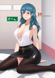 Rule 34 | 1girl, black skirt, black thighhighs, blue eyes, breasts, byleth (female) (fire emblem), byleth (fire emblem), chungmechanic, cleavage, contemporary, feet out of frame, fire emblem, fire emblem: three houses, green hair, highres, indoors, jewelry, large breasts, necklace, nintendo, office lady, pencil skirt, sideboob, sitting, skirt, solo, thighhighs, wariza