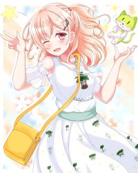 Rule 34 | 1girl, ;d, bag, bang dream!, bare shoulders, blonde hair, blush, breasts, cat, cat hair ornament, clothing cutout, commentary, crouching start, dress, floral print, hair ornament, hairclip, highres, hiromachi nanami, jewelry, long hair, looking at viewer, medium breasts, necklace, one eye closed, one side up, open mouth, print dress, red eyes, see-through, see-through sleeves, short sleeves, shoulder bag, shoulder cutout, smile, solo, star (symbol), stuffed animal, stuffed cat, stuffed toy, white dress
