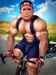 Rule 34 | 1boy, artisticjinsky, bara, bicycle, black hair, black shorts, blush, bulge, day, erection, erection under clothes, fingerless gloves, gloves, highres, large pectorals, looking at viewer, male focus, muscular, muscular male, nipples, original, outdoors, pectorals, red gloves, riding, riding bicycle, short hair, shorts, smile, solo, thick thighs, thighs