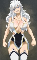 Rule 34 | 1girl, blood, blue eyes, breasts, cleavage, colorized, eden&#039;s zero, gaston18, highres, large breasts, long hair, looking at viewer, mashima hiro, silver hair, sister ivry, smile, torn clothes