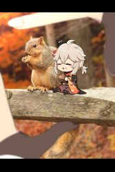 Rule 34 | 1boy, 1girl, :3, ^ ^, absurdres, acorn, ahoge, armor, autumn, black footwear, black gloves, black scarf, blurry, blurry background, blush, bow, branch, brown bow, chibi, closed eyes, closed mouth, commentary request, crossed bangs, eating, finger frame, food, food on face, genshin impact, gloves, hair between eyes, hakama, hakama shorts, highres, holding, holding food, japanese armor, japanese clothes, kaedehara kazuha, korean commentary, leaf print, letterboxed, long sleeves, low ponytail, lumine (genshin impact), maple leaf print, medium hair, mini person, miniboy, multicolored hair, notice lines, ooyun, partially fingerless gloves, photo background, ponytail, pov, pov hands, red hair, red scarf, sandals, scarf, shorts, shoulder armor, sidelocks, sitting, sode, solo focus, squirrel, streaked hair, tree, white hair, wide sleeves