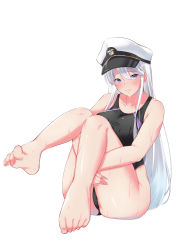 Rule 34 | 1girl, absurdres, azur lane, bare legs, bare shoulders, barefoot, commentary request, competition swimsuit, enterprise (azur lane), feet, hat, highleg, highleg swimsuit, highres, long hair, military hat, nanohana (november.), one-piece swimsuit, purple eyes, silver hair, sitting, swimsuit, white background, white headwear