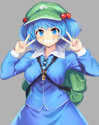 Rule 34 | 1girl, backpack, bag, blue eyes, blue hair, blue skirt, blush, breasts, cabbie hat, commentary request, double v, frilled shirt collar, frills, green hat, grey background, grin, hair bobbles, hair ornament, hands up, hat, highres, kawashiro nitori, key, looking at viewer, medium breasts, partial commentary, shirt, short hair, simple background, skirt, skirt set, smile, solo, tarmo, touhou, upper body, v, white shirt