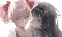 Rule 34 | 2girls, akemi homura, baifeidaiwang, black hair, black hairband, bow, chinese commentary, choker, commentary request, cosplay, hair bow, hairband, half-closed eyes, highres, kaname madoka, long hair, looking at viewer, mahou shoujo madoka magica, mahou shoujo madoka magica (anime), multiple girls, neck ribbon, open mouth, pink eyes, pink hair, portrait, purple eyes, red choker, ribbon, short hair, short twintails, simple background, soul gem, twintails, white background