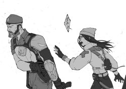 Rule 34 | 1boy, 1girl, animification, beard, blood, blood from mouth, brimstone (valorant), closed eyes, facial hair, glasses, gloves, greyscale, gun, hair behind ear, hand on own hip, handgun, holding, holding gun, holding weapon, jacket, killjoy (valorant), long hair, monochrome, open hand, open mouth, pants, partially fingerless gloves, pistol, senpi, valorant, weapon