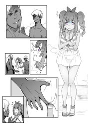 Rule 34 | 1girl, 2boys, ass grab, blush, breasts, embarrassed, epic seven, grabbing, h2o (ddks2923), happy, highres, looking at viewer, molestation, monochrome, multiple boys, open mouth, twintails