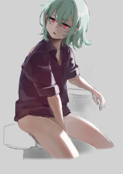 Rule 34 | 1girl, atte nanakusa, brown shirt, cigarette, collared shirt, from side, green hair, holding, holding cigarette, medium hair, naked shirt, original, parted lips, red eyes, shirt, short sleeves, solo, wing collar