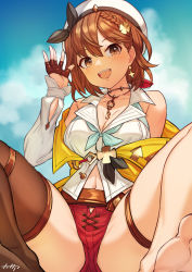 Rule 34 | 1girl, :d, arpeggio kaga, atelier (series), atelier ryza, atelier ryza 2, bare shoulders, barefoot, belt, black choker, black hairband, blue sky, braid, breasts, brown belt, brown eyes, brown gloves, brown hair, brown thighhighs, choker, cleavage, closed mouth, collared shirt, detached sleeves, dress shirt, earrings, fingerless gloves, gloves, green neckerchief, hair between eyes, hair ornament, hairband, hairclip, half gloves, highres, jacket, jewelry, key, key necklace, large breasts, looking at viewer, navel, neckerchief, necklace, open mouth, red shorts, reisalin stout, shirt, short hair, short shorts, shorts, signature, single bare leg, single earring, single glove, single thighhigh, sitting, sky, sleeveless, sleeveless jacket, sleeveless shirt, smile, solo, spread legs, star (symbol), star earrings, thigh strap, thighhighs, toes, white headwear, white shirt, yellow jacket