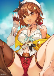 1girl :d arpeggio_kaga atelier_(series) atelier_ryza atelier_ryza_2 bare_shoulders barefoot belt black_choker black_hairband blue_sky braid breasts brown_belt brown_eyes brown_gloves brown_hair brown_thighhighs choker cleavage closed_mouth collared_shirt detached_sleeves dress_shirt earrings fingerless_gloves gloves green_neckerchief hair_between_eyes hair_ornament hairband hairclip half_gloves highres jacket jewelry key key_necklace large_breasts looking_at_viewer navel neckerchief necklace open_mouth red_shorts reisalin_stout shirt short_hair short_shorts shorts signature single_bare_leg single_earring single_glove single_thighhigh sitting sky sleeveless sleeveless_jacket sleeveless_shirt smile solo spread_legs star_(symbol) star_earrings thigh_strap thighhighs toes white_headwear white_shirt yellow_jacket