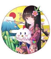 Rule 34 | 1girl, animal, bamboo, bird, black hair, chicken, chinese zodiac, egasumi, floral print, flower, hair flower, hair ornament, happy new year, holding, holding animal, holding bird, japanese clothes, kimono, long hair, mountain, new year, original, pink kimono, red hair, smile, standing, wide sleeves, year of the rooster, yuujin (yuzinn333)