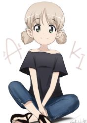 Rule 34 | 10s, 1girl, aki (girls und panzer), artist name, black footwear, black shirt, blue pants, bukkuri, capri pants, casual, character name, closed mouth, commentary, dated, girls und panzer, green eyes, hair tie, light brown hair, looking at viewer, off-shoulder shirt, off shoulder, pants, sandals, shirt, short hair, short sleeves, short twintails, signature, simple background, sitting, smile, solo, twintails, white background