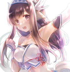 Rule 34 | 1girl, ainu clothes, animal ears, aquaplus, arms up, bare shoulders, breasts, brown hair, choker, cleavage, clenched hand, collarbone, crop top, eyelashes, eyes visible through hair, gauntlets, gradient eyes, hair between eyes, hairband, horns, large breasts, long hair, looking at viewer, low-tied long hair, midriff, minagi (utawarerumono), multicolored eyes, nose, open mouth, purple eyes, raised eyebrows, sidelocks, sleeveless, solo, swimsuit, tail, teeth, toned, tongue, upper body, utawarerumono, utawarerumono: lost flag, very long hair, yami nabe23