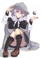 Rule 34 | 1girl, aqua eyes, arm up, black capelet, black dress, black socks, brown footwear, cape, capelet, commentary request, convenient leg, cube, dress, fate/grand order, fate (series), full body, fur trim, glint, gray (fate), grey cape, hair between eyes, hand up, highres, hood, hood up, hooded cape, kneehighs, long sleeves, looking at viewer, lord el-melloi ii case files, puffy long sleeves, puffy sleeves, ribbon, shadow, shoes, silver hair, sitting, socks, solo, tapioka (oekakitapioka), white background, white ribbon