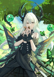 Rule 34 | 1girl, animal, bare shoulders, black dress, branch, breasts, bug, butterfly, butterfly wings, cowboy shot, crystal ball, detached collar, double-parted bangs, dress, floating, floating object, forest, green butterfly, grey eyes, headgear, highres, holding, holding animal, insect, insect wings, liv: empyrea (dreamcatcher) (punishing: gray raven), liv: empyrea (punishing: gray raven), liv (punishing: gray raven), long hair, looking at viewer, mechanical wings, medium breasts, nature, orb, outdoors, panluo, plant, punishing: gray raven, smile, squirrel, strapless, strapless dress, tree, underboob, vines, white hair, wing hair ornament, wings, wrist cuffs