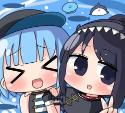 Rule 34 | &gt; &lt;, 2girls, :d, animal, baseball cap, black capelet, black eyes, black gloves, black hair, black hat, blue hair, blush, capelet, chibi, closed eyes, collar, commentary request, copyright request, facing viewer, fish, gloves, hana kazari, hat, jellyfish, long hair, looking at viewer, multiple girls, open mouth, red collar, shirt, sleeveless, sleeveless shirt, smile, spiked collar, spikes, v, virtual youtuber, water, white shirt, xd