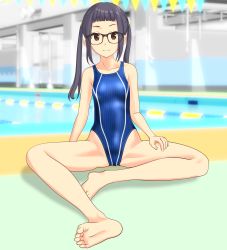 Rule 34 | 1girl, absurdres, barefoot, black-framed eyewear, black hair, blue one-piece swimsuit, blunt bangs, blurry, blurry background, breasts, brown eyes, closed mouth, collarbone, commentary request, competition swimsuit, covered navel, depth of field, feet, glasses, groin tendon, hair tie, hand on own thigh, highleg, highleg swimsuit, highres, indian style, lane line, legs, light smile, long hair, long legs, one-piece swimsuit, oogaki chiaki, outdoors, pool, poolside, shadow, sidelocks, sitting, small breasts, smile, soles, solo, spread legs, straight hair, string of flags, striped clothes, striped one-piece swimsuit, swimsuit, takafumi, toes, twintails, vertical-striped clothes, vertical-striped one-piece swimsuit, water, yurucamp