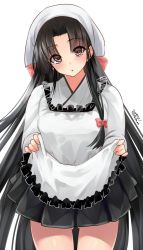 Rule 34 | 1girl, :o, apron, bandana, black hair, blush, bow, breasts, brown eyes, clothes lift, dated, frills, gluteal fold, hair bow, hair intakes, highres, kantai collection, kappougi, lifting own clothes, long hair, long sleeves, low-tied long hair, one-hour drawing challenge, shouhou (kancolle), simple background, skirt, skirt lift, solo, takase muh, twitter username, very long hair, white background