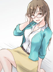 Rule 34 | 1girl, :d, arm support, bespectacled, breasts, brown hair, glasses, green jacket, highres, idolmaster, idolmaster cinderella girls, jacket, jewelry, looking at viewer, medium breasts, necklace, nitta minami, open mouth, pinky out, shirt, simple background, sitting, skirt, smile, solo, straight hair, unu (unucence), white background, white shirt, yellow skirt