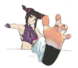 Rule 34 | bad id, bad pixiv id, baggy pants, barefoot, chinese clothes, drill hair, dudou, feet, fingerless gloves, foot focus, gloves, greek toe, halterneck, han juri, nail polish, no shoes, pants, purple nails, seeji03, sitting, soles, solo, street fighter, street fighter iv (series), toe scrunch, toeless legwear, toenails, toes, twin drills, wiggling toes
