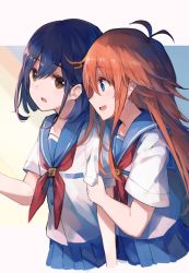 Rule 34 | 2girls, :d, antenna hair, blue eyes, blue hair, blue skirt, brown eyes, commentary request, flip flappers, hair between eyes, holding another&#039;s arm, kokomine cocona, long hair, looking at another, looking at viewer, makihitsuji, multiple girls, neckerchief, open mouth, orange hair, papika (flip flappers), pleated skirt, profile, red neckerchief, school uniform, serafuku, shirt, short hair, short sleeves, skirt, smile, upper body