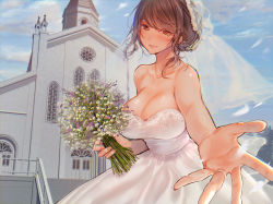 Rule 34 | 1girl, :d, amane ruri, bare shoulders, blue sky, blush, bouquet, breasts, bridal veil, brown eyes, brown hair, church, cleavage, cloud, commentary request, dress, flower, large breasts, open mouth, original, sky, sleeveless, sleeveless dress, smile, solo, veil, wedding dress