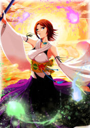 Rule 34 | 00s, 1girl, brown hair, detached sleeves, final fantasy, final fantasy x, highres, japanese clothes, jewelry, mice (sake nomitai), micesakenomitai, necklace, short hair, solo, staff, weapon, yuna, yuna (ff10)