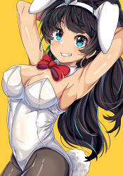 Rule 34 | 1girl, animal ear hairband, animal ears, antenna hair, armpits, arms behind head, arms up, bad id, bad pixiv id, bare shoulders, black hair, black pantyhose, blue eyes, bow, bowtie, breasts, cleavage, detached collar, earrings, fake animal ears, ganaha hibiki, grin, highres, hoop earrings, idolmaster, idolmaster (classic), idolmaster million live!, jewelry, leotard, long hair, looking at viewer, medium breasts, pantyhose, playboy bunny, ponytail, rabbit ear hairband, rabbit ears, rabbit girl, rabbit tail, red bow, red bowtie, simple background, smile, solo, strapless, strapless leotard, tail, takezaka tarou, white leotard, yellow background