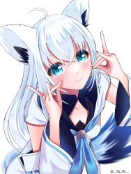 Rule 34 | 1girl, animal ears, aqua eyes, detached sleeves, highres, hololive, lily lily, long hair, looking at viewer, shirakami fubuki, smile, solo, virtual youtuber, white hair, wolf ears