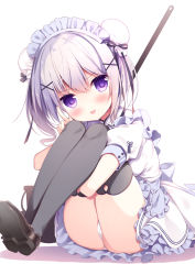 Rule 34 | 1girl, apron, ass, blue apron, blush, brown footwear, bucket, bun cover, commentary request, copyright request, double bun, dress, frilled apron, frills, grey thighhighs, hair between eyes, hair bun, hair ornament, head tilt, highres, hisagi (puchimaple), hugging own legs, loafers, looking at viewer, maid, maid headdress, mop, panties, puffy short sleeves, puffy sleeves, purple eyes, purple hair, shadow, shoe soles, shoes, short sleeves, side bun, sitting, solo, thighhighs, tongue, tongue out, underwear, waist apron, white background, white dress, white panties, x hair ornament
