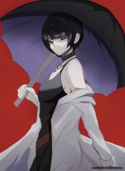 Rule 34 | 1girl, absurdres, black dress, black hair, black umbrella, bob cut, breasts, brown eyes, choker, coat, dress, highres, holding, holding umbrella, looking at viewer, narrow waist, pale skin, persona, persona 5, red background, samuschillhouse, short hair, simple background, skinny, small breasts, solo, standing, takemi tae, umbrella, white coat