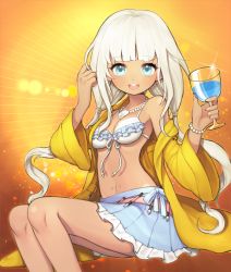 Rule 34 | 1girl, bead necklace, beads, bikini, bikini top only, bikini under clothes, blue eyes, breasts, cup, danganronpa (series), danganronpa v3: killing harmony, holding, holding cup, jacket, jewelry, long hair, looking at viewer, necklace, skirt, small breasts, smile, swimsuit, twintails, white hair, yellow jacket, yonaga angie