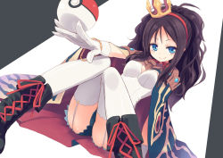 Rule 34 | 10s, 1girl, alternate costume, black hair, blue eyes, boots, bracelet, cape, creatures (company), cross-laced footwear, crown, elbow gloves, game freak, garter belt, gloves, hairband, highres, hilda (pokemon), homura subaru, jewelry, knee boots, lace-up boots, looking at viewer, nintendo, panties, poke ball, pokemon, pokemon bw, simple background, sitting, smile, solo, thighhighs, underwear, white gloves, white thighhighs