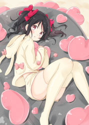 Rule 34 | &gt;:t, 10s, 1girl, :t, angry, animal ears, animal hood, bad id, bad pixiv id, bed, black hair, blush, bow, chm (macharge), hair bow, heart, hood, hoodie, hug, long hair, love live!, love live! school idol project, pom pom (clothes), pout, rabbit ears, rabbit hood, red eyes, ribbon, shorts, solo, thighhighs, twintails, v-shaped eyebrows, yazawa nico