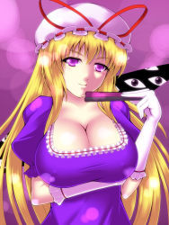 Rule 34 | 1girl, blonde hair, blush, breast hold, breasts, cleavage, covered erect nipples, crossed arms, female focus, folded fan, folding fan, gap (touhou), genjuu rou, gloves, hand fan, hat, highres, huge breasts, long hair, looking at viewer, naughty face, purple eyes, revision, seductive smile, smile, solo, touhou, white gloves, yakumo yukari